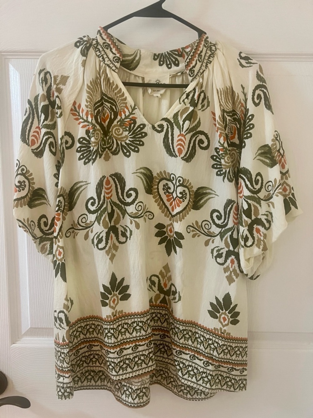 Umgee Cream V-Neck Blouse with Olive and Rust Motif